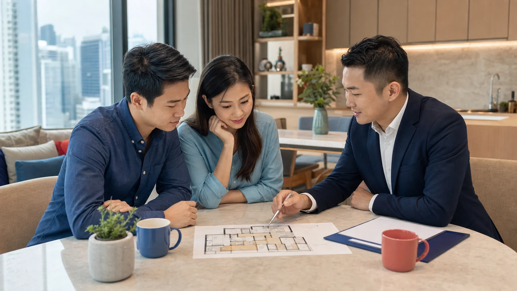 A couple reviewing a new-home floor plan and loan options with an adviser