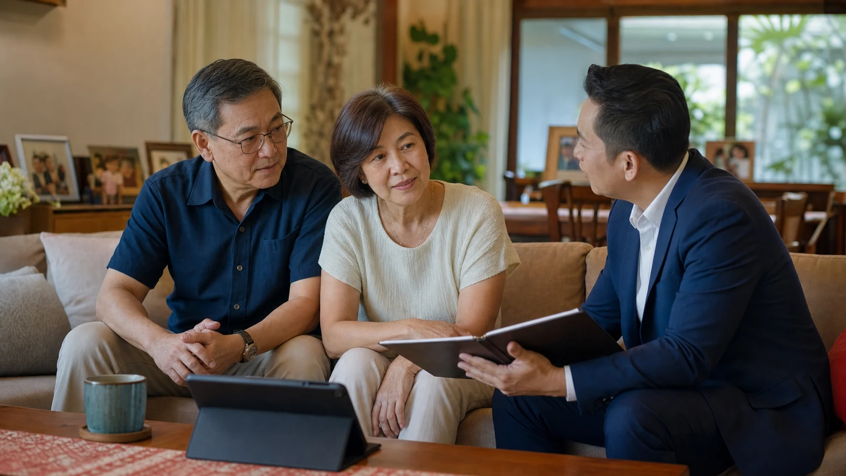 An older couple discussing property-backed financing and retirement needs with an adviser